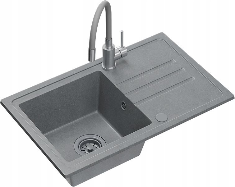 Zlewozmywak BEN 111 zlewozmywak granitowy silver stone 70x44 z szarą baterią z elastyczną wylewką, z szarym syfonem i szarą zaślepką