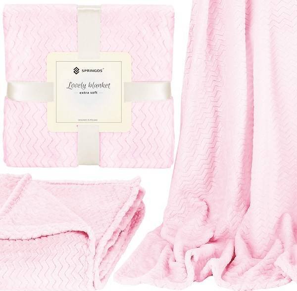 Springos Narzuta na łóżko, pled 200x220cm tłoczony, dwustronny koc na kanapę pudrowy róż UNIWERSALNY