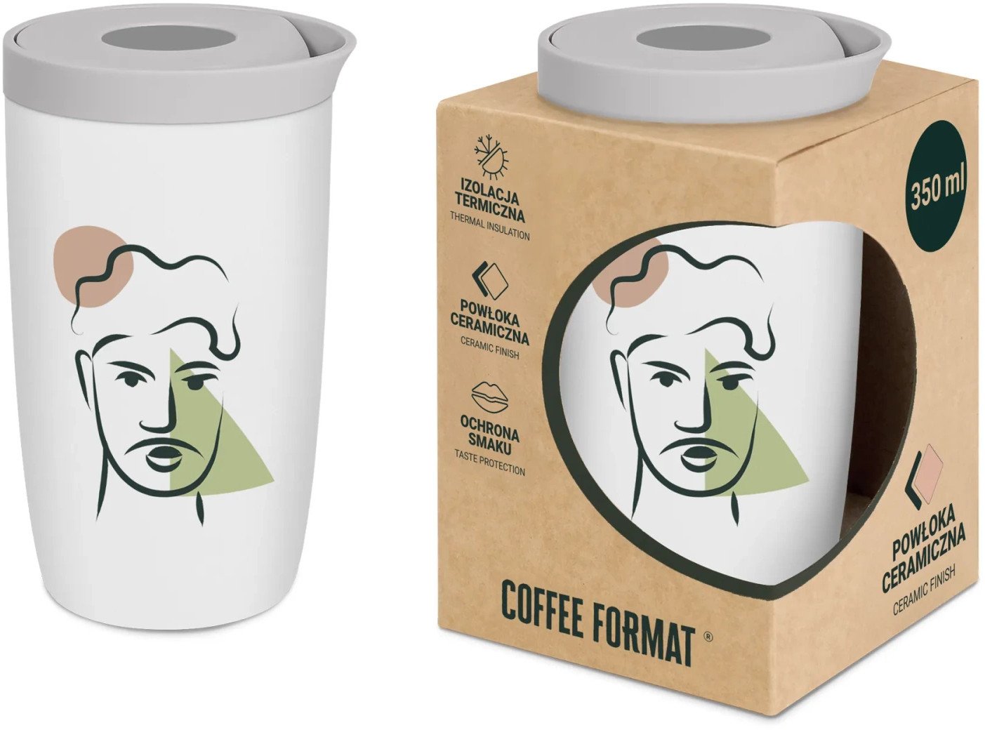 Coffee Format Biały kubek termiczny z motywem twarzy 350 ml
