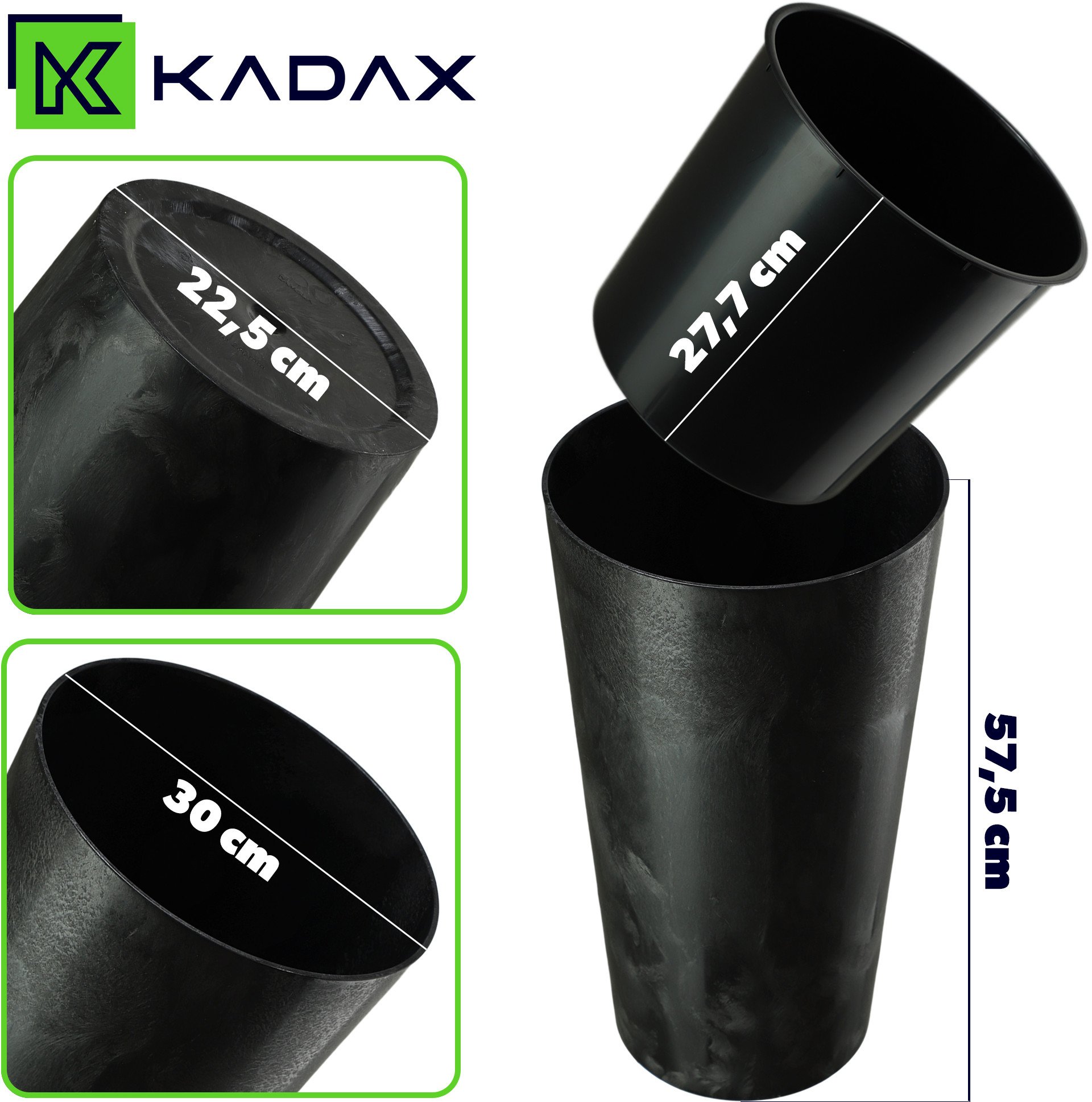 KADAX Doniczka Donica Na Kwiaty 57cm Osłonka Z Wkładem Kwietnik Plastikowa Czarna