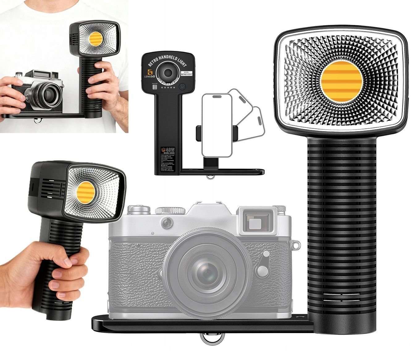 Ręczna Lampa Led 40w Cob Retro Do Foto Video Cri96 Uchwyt Na Telefon Aparat / 40shc