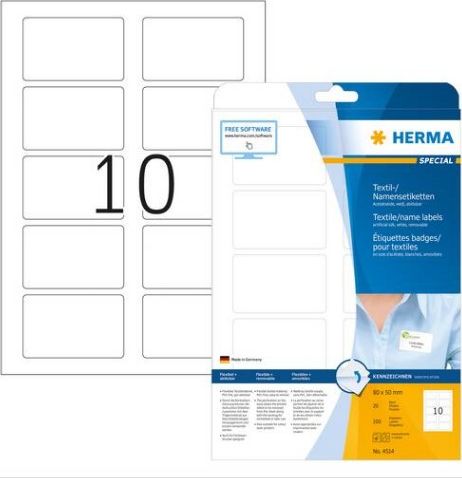 Herma Etykiety z nazwami, zdejmowane, A4, 80 x 50 mm, białe, rozdzielne, wykonane z jedwabiu octanowego, do druku - 4514