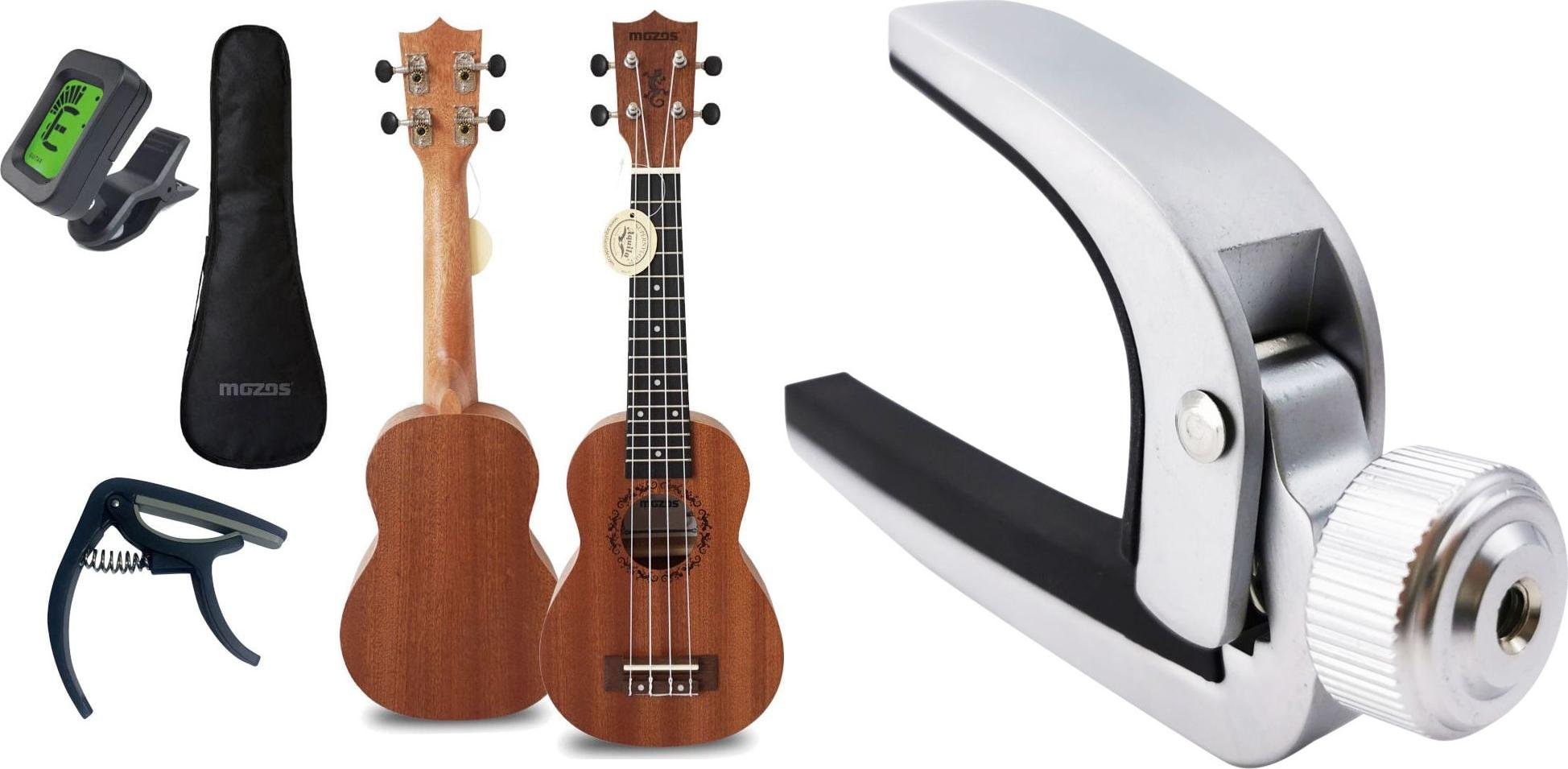Mozos Mozos Gecko ukulele sopranowe zestaw + Kapodaster do gitary metalowy srebrny