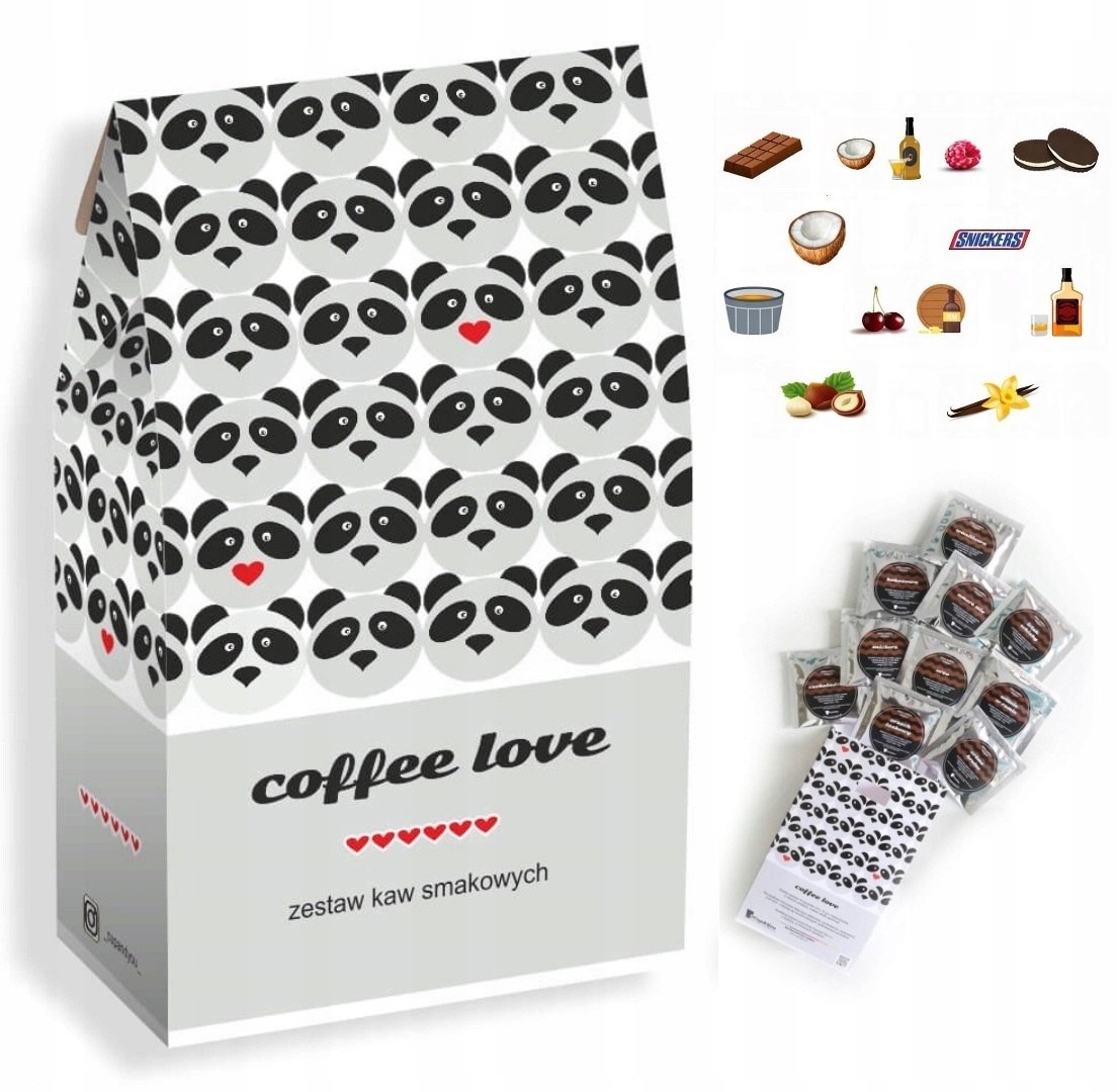 Zestaw prezentowy upominkowy "PANDA LOVE" - 10 smaków kaw deserowych - prezent upominek na walentynki dla chłopaka dziewczyny niej niego żony męża kob