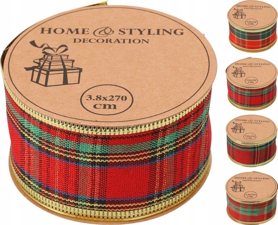 Dekoracja świąteczna Koopman Wstążka dekoracyjna świąteczna w kratkę 3,8 x 270 cm wzór w szkocką kratę
