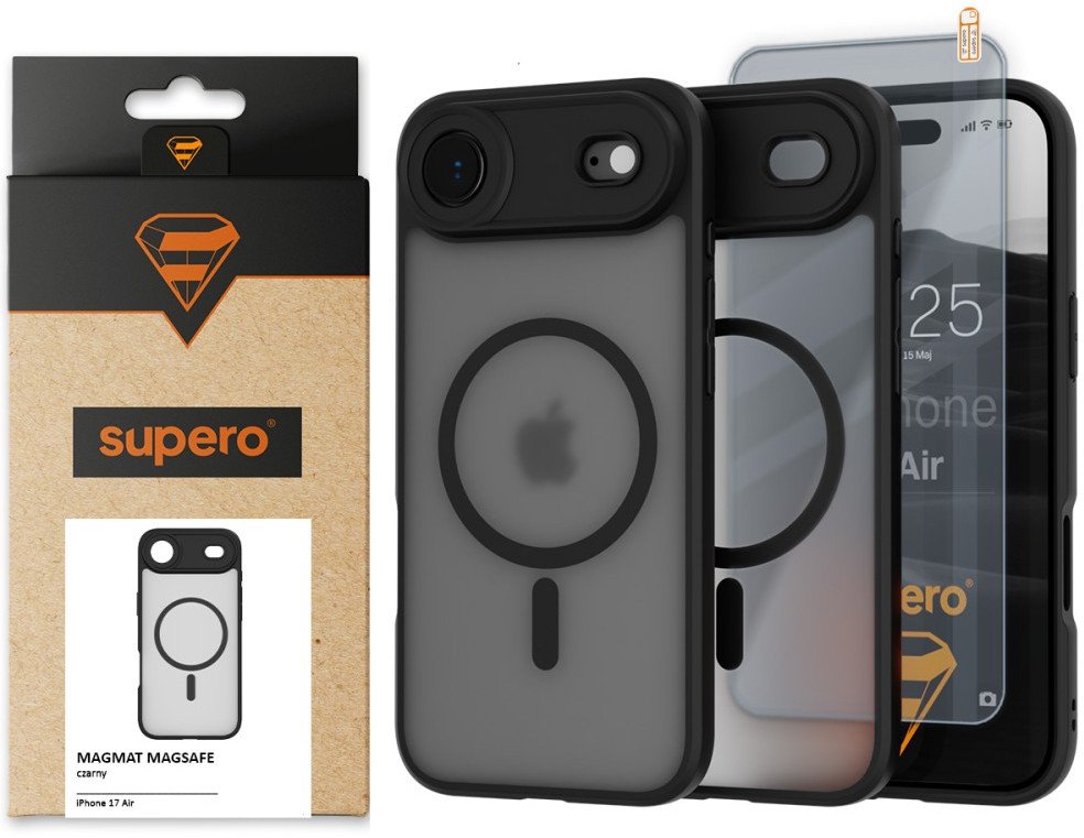 Etui matowe Supero Magmat MagSafe do iPhone 17 Air, czarne + szkło