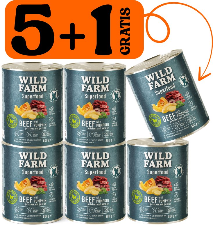 WILD FARM Superfood Beef (Wołowina z dynią, ziemniakami i natką pietruszki) 5x800g + 800g GRATIS bezzbożowa karma dla psa