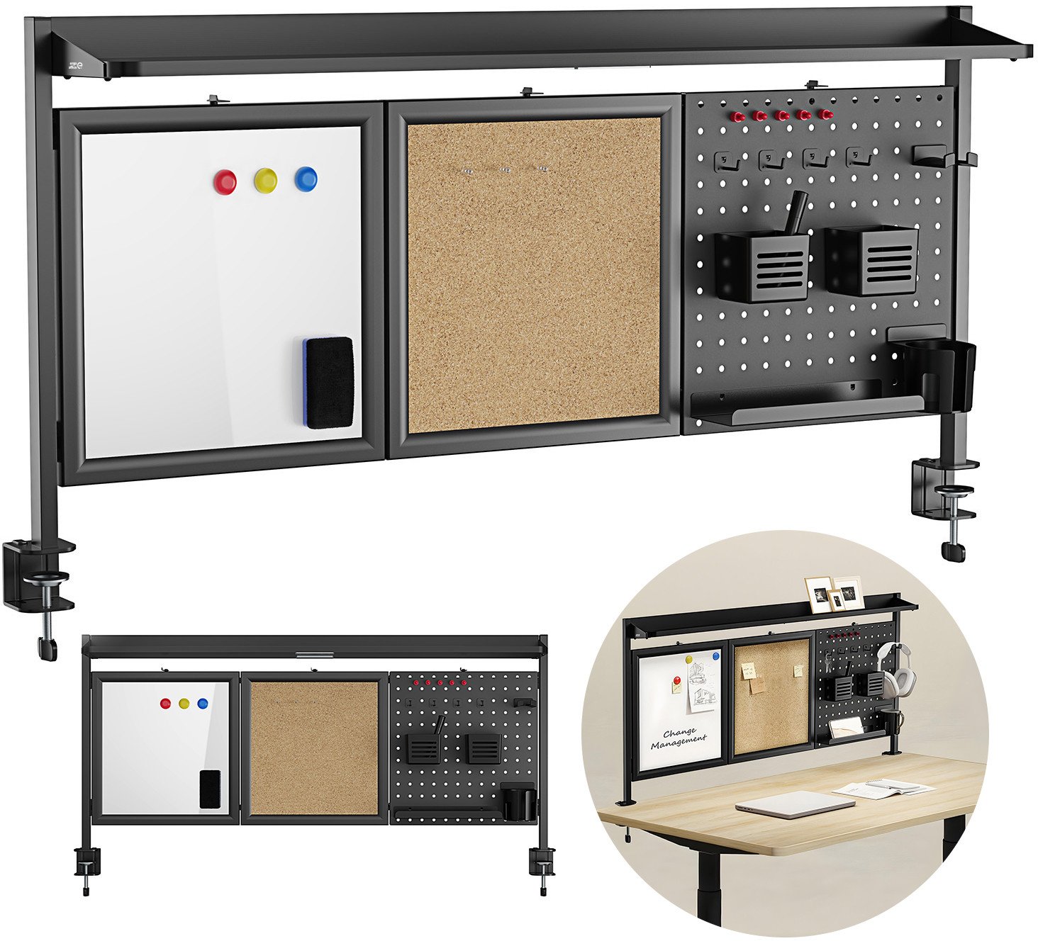 Przegroda biurkowa / organizer Ergo Office, max. obciążenie 10kg, biała i korkowa tablica, szerokość 1250mm, czarna,ER-300 B