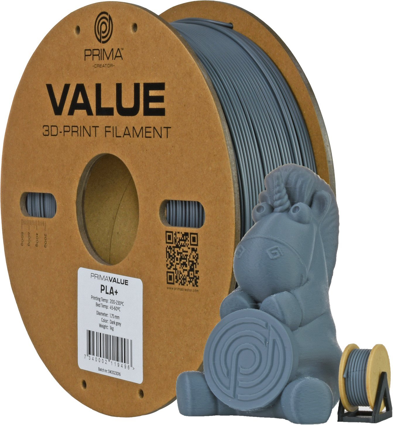 PrimaValue PLA+ filament for 3D printer, 1.75 mm, dark gray