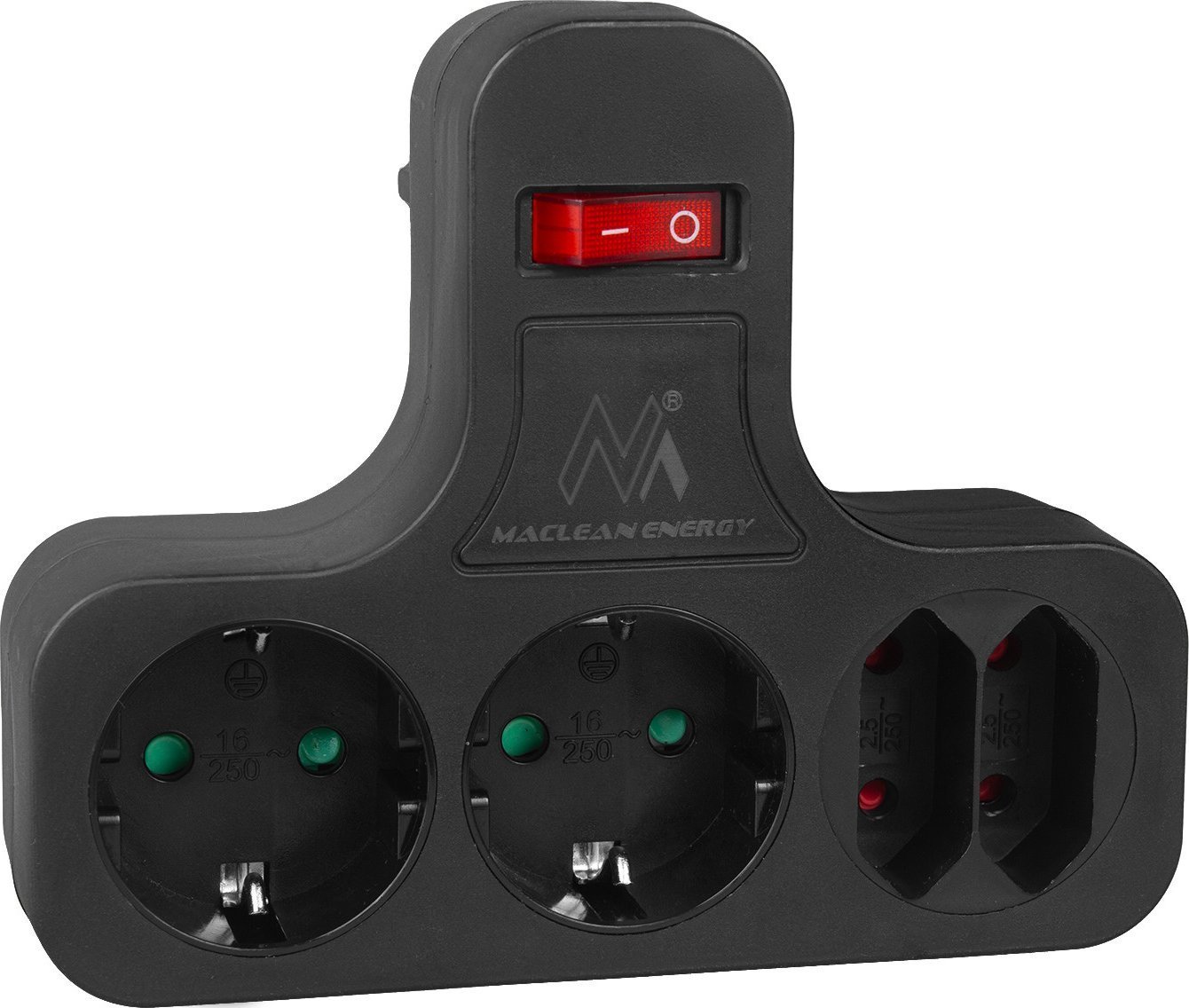 Maclean Gniazdko prądowe Maclean, poczwórne z wyłącznikiem, nóżka stabilizującą, typu schuko, 2x2.5A, 2x16A, MCE224 G/B