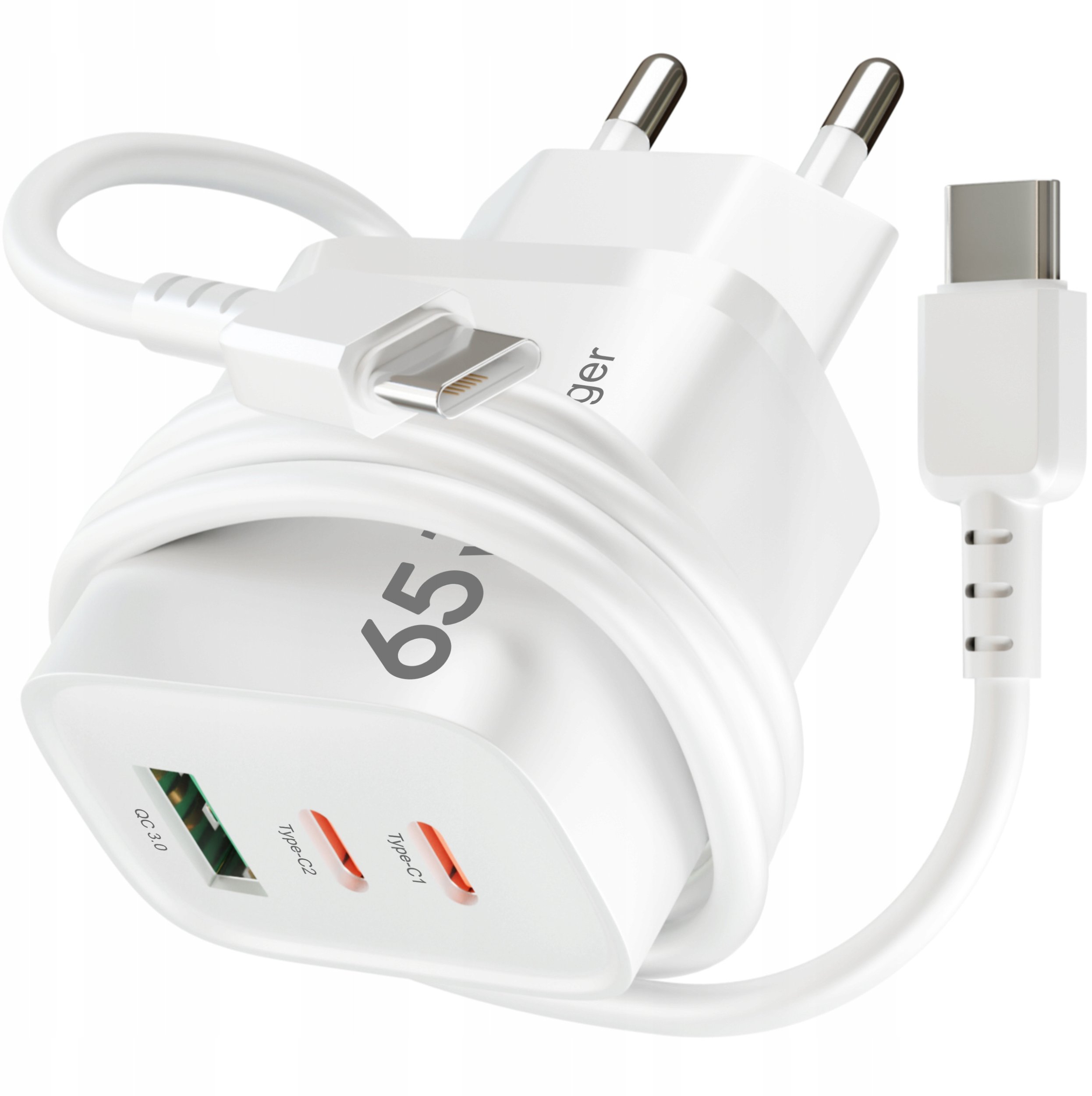 SZYBKA MOCNA Ładowarka sieciowa USB 2xUSB-C PD 65W GaN KOSTKA +Kabel TYP-C