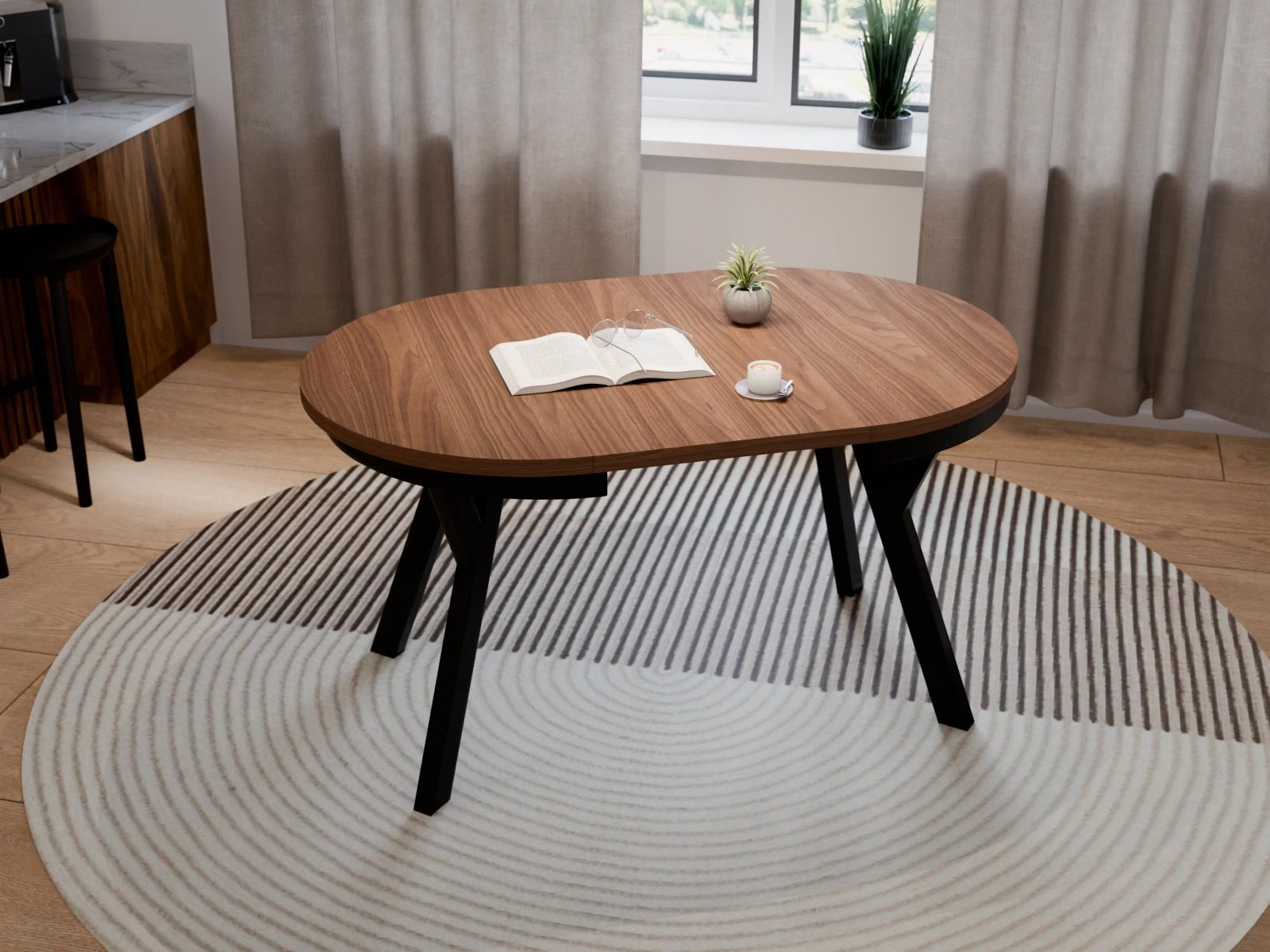 Stół Okrągły Rozkładany ARI 90-190 cm Orzech Włoski Loft Nogi Czarne