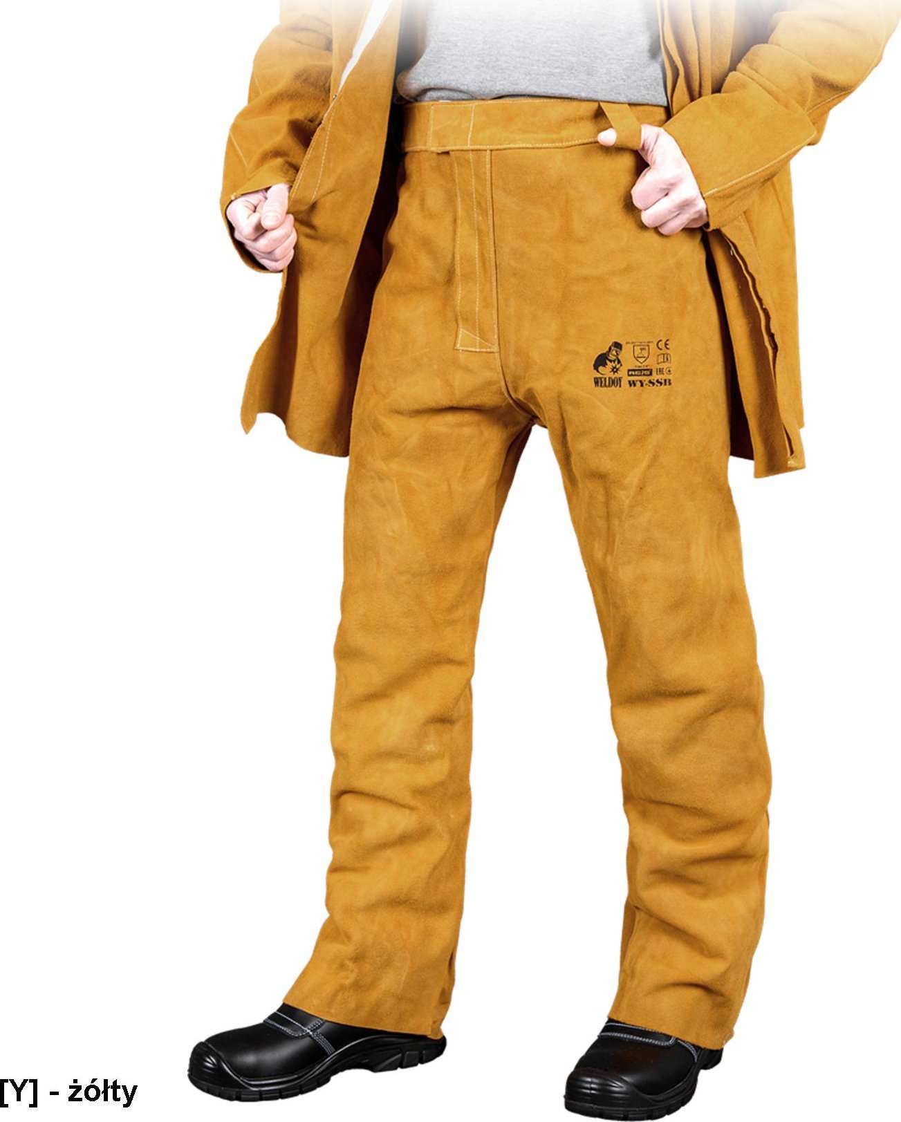 Weldoy WY-SSB - spodnie spawalnicze skórzane - szer. ok. 106 cm, dł. ok. 105 cm.