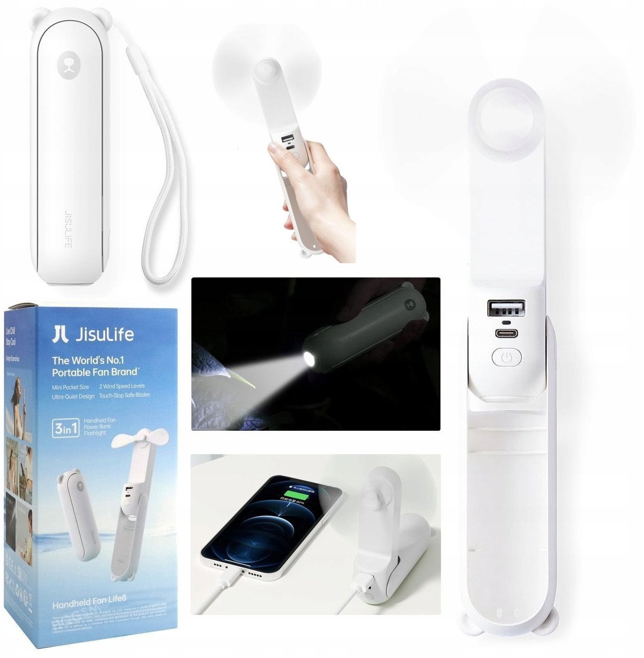 Mini wentylator Jisulife Handheld Fan Life8 przenośny wiatraczek USB z funkcją powerbanka 2000mAh i latarką - biały