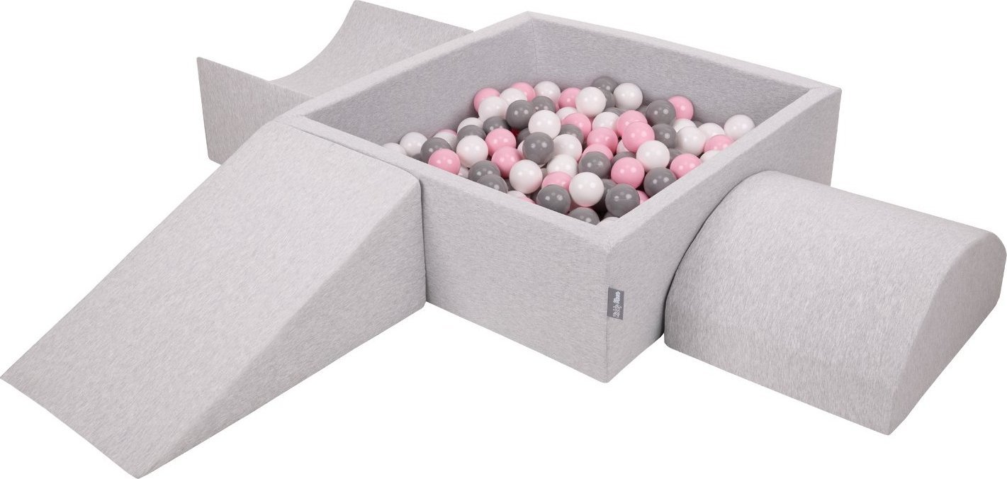 KiddyMoon Piankowy plac zabaw PPZP-KW30D-114 z piłeczkami jasnoszary: biały-szary-pudrowy róż basen 200/klin L/rampa L/półwałek L Zabawka plac zabaw