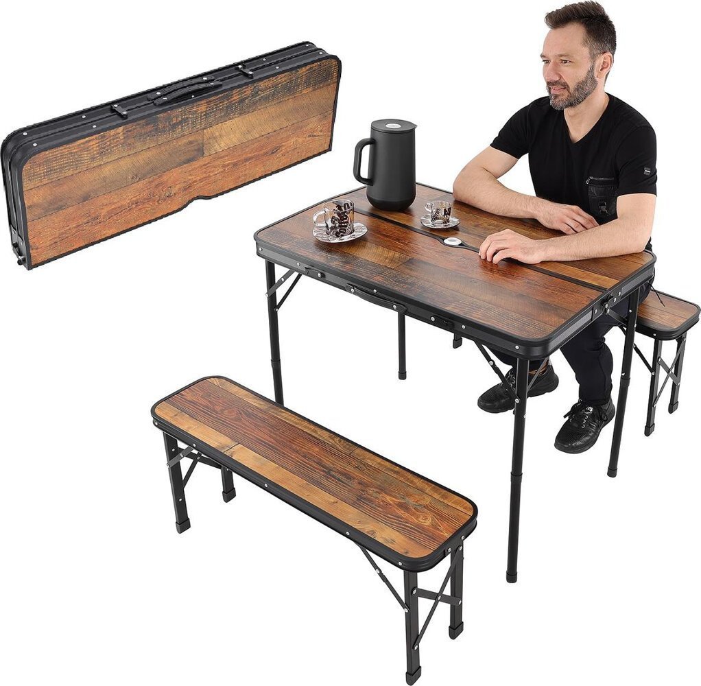 Enero Stolik turystyczny składany kempingowy 90x60x70cm i 2 ławki 87x23x39cm drewno