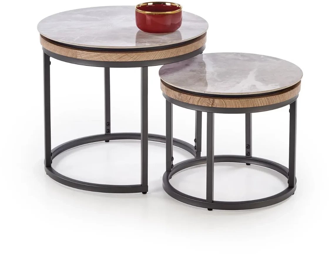 Zestaw 2 stolików ITAKA szary marmur/czarny HALMAR