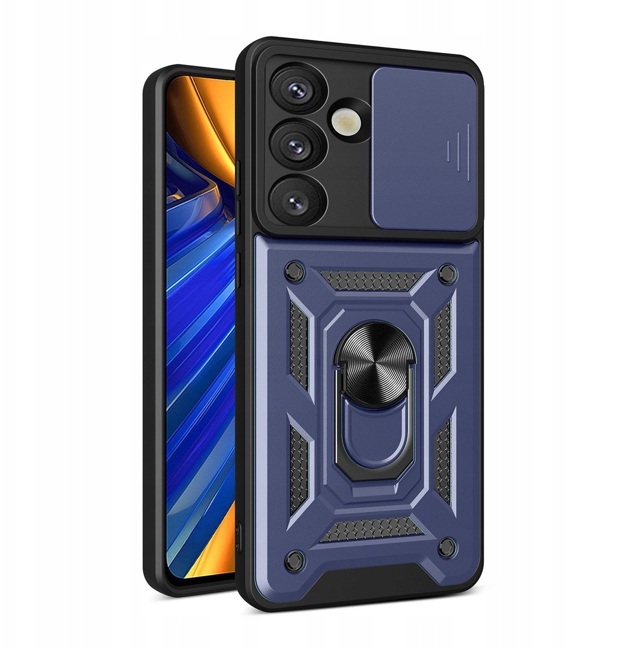 Pancerne etui Hybrid Armor Camshield z podstawką i osłoną aparatu na Samsung Galaxy S25 Edge - niebieskie