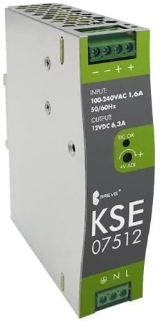 Zasilacz impulsowy KSE 07512M 230/ 12VDC 6,3A 75W na szynę DIN, Uzas: 96-264VACVAC, Ta70, 17000-1545