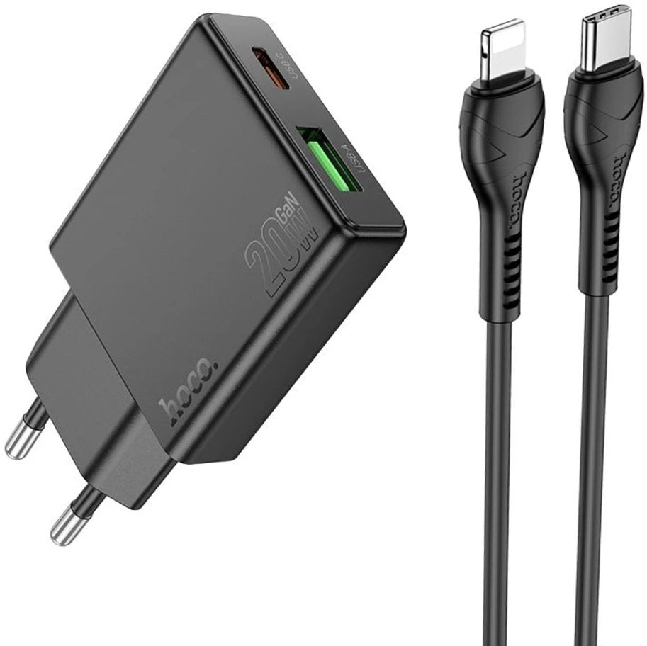 Ładowarka sieciowa do telefonu Hoco Slim USB A + USB C QC3.0 PD 3A 20W + kabel USB C do Lightning N38 czarna
