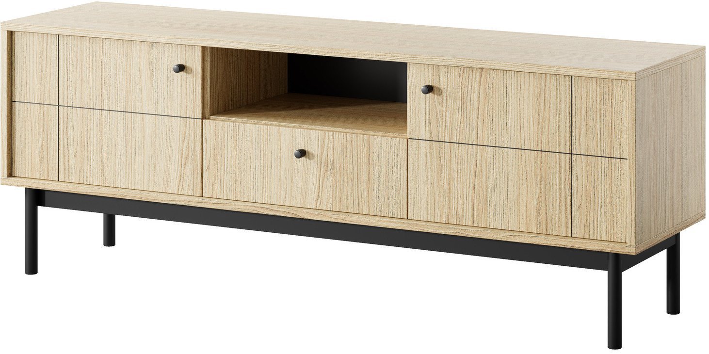 Szafka RTV Sora 154cm w kolorze Dąb Linea z czarnymi nóżkami