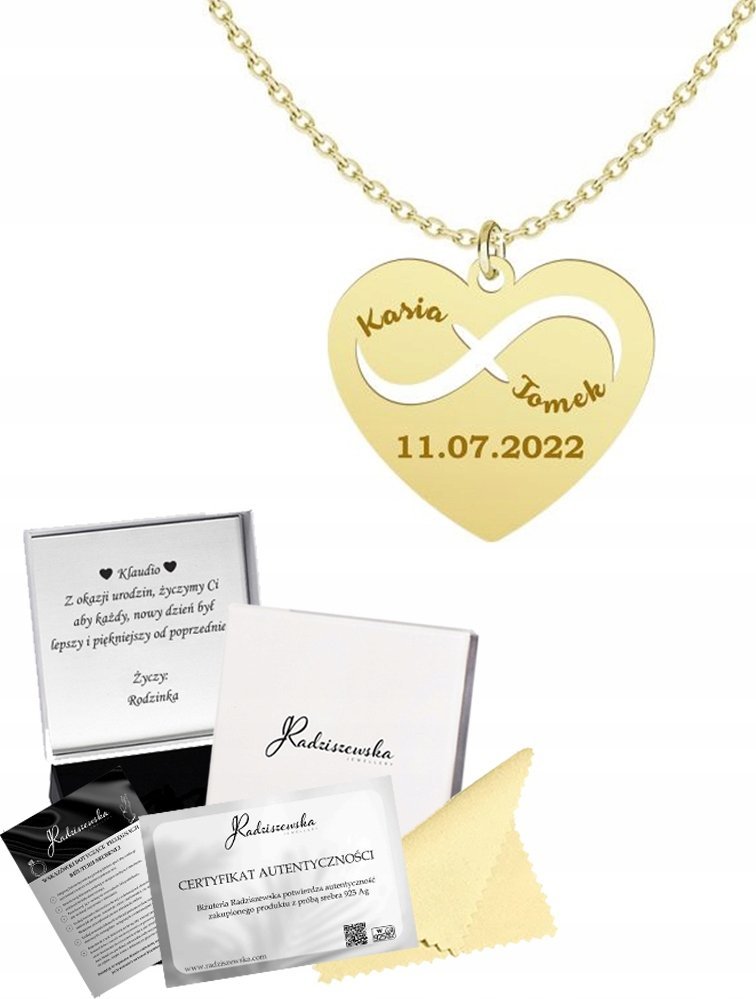 Radziszewska Jewellery Złoty Naszyjnik Serce Imiona Data Prezent Rocznica SREBRO 925 GRAWER GRATIS