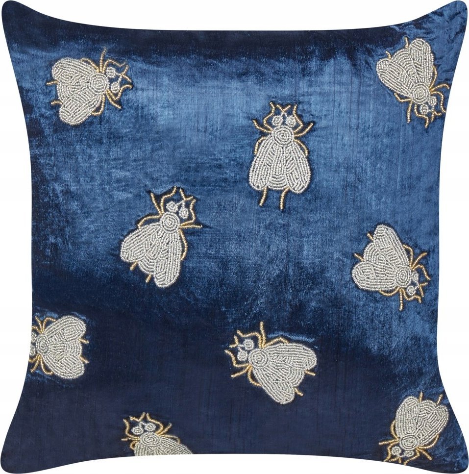 Beliani Welurowa poduszka dekoracyjna haftowana w muchy 45 x 45 cm granatowa PENTAS