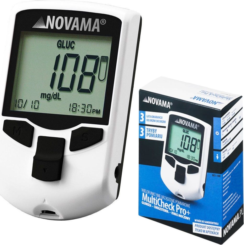 Novama NOVAMA MULTICHECK PRO+ Glukometr Urządzenie 3w1 do pomiaru poziomu cholesterolu, glukozy i kwasu moczowego, glukometr