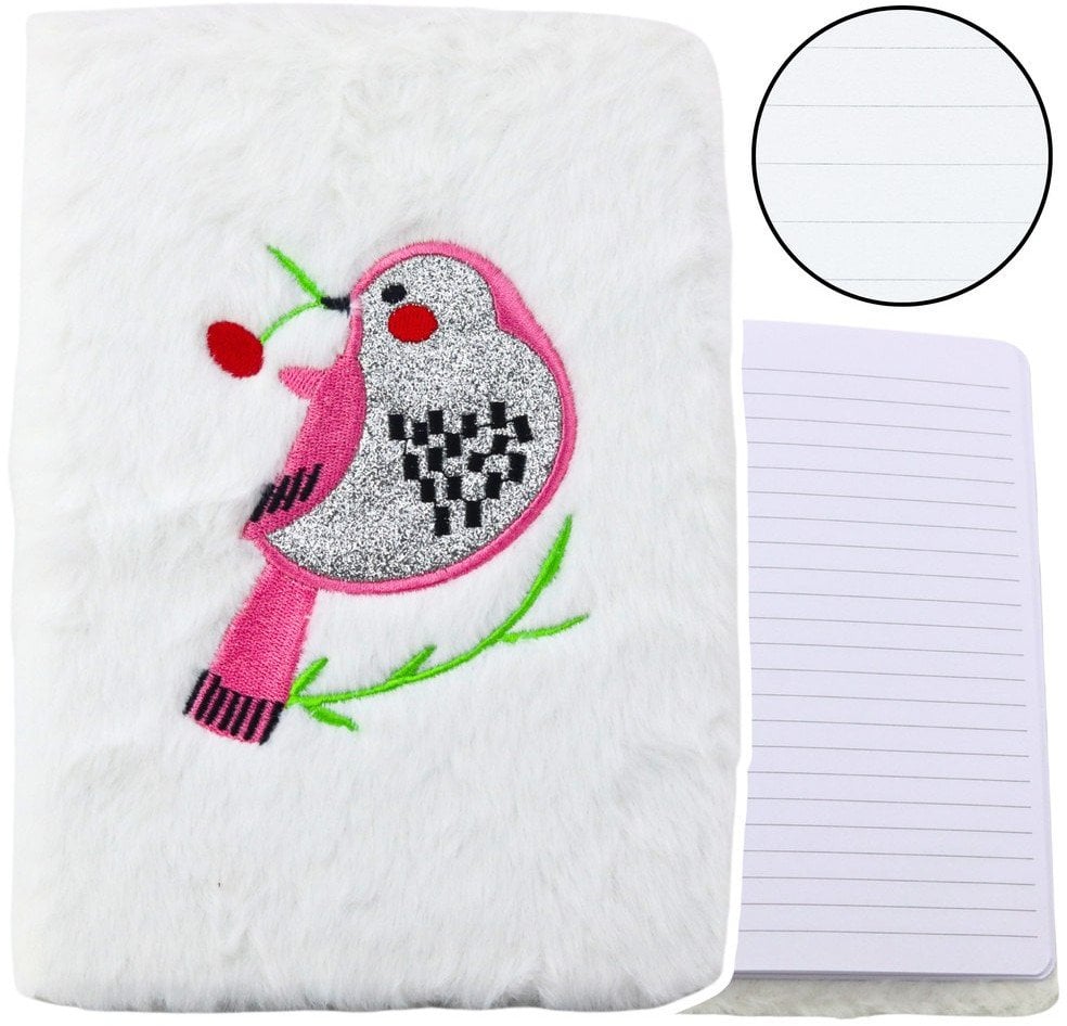 Pluszowy Notatnik W Linie Z Ptakiem Srebrny Brokat Biały