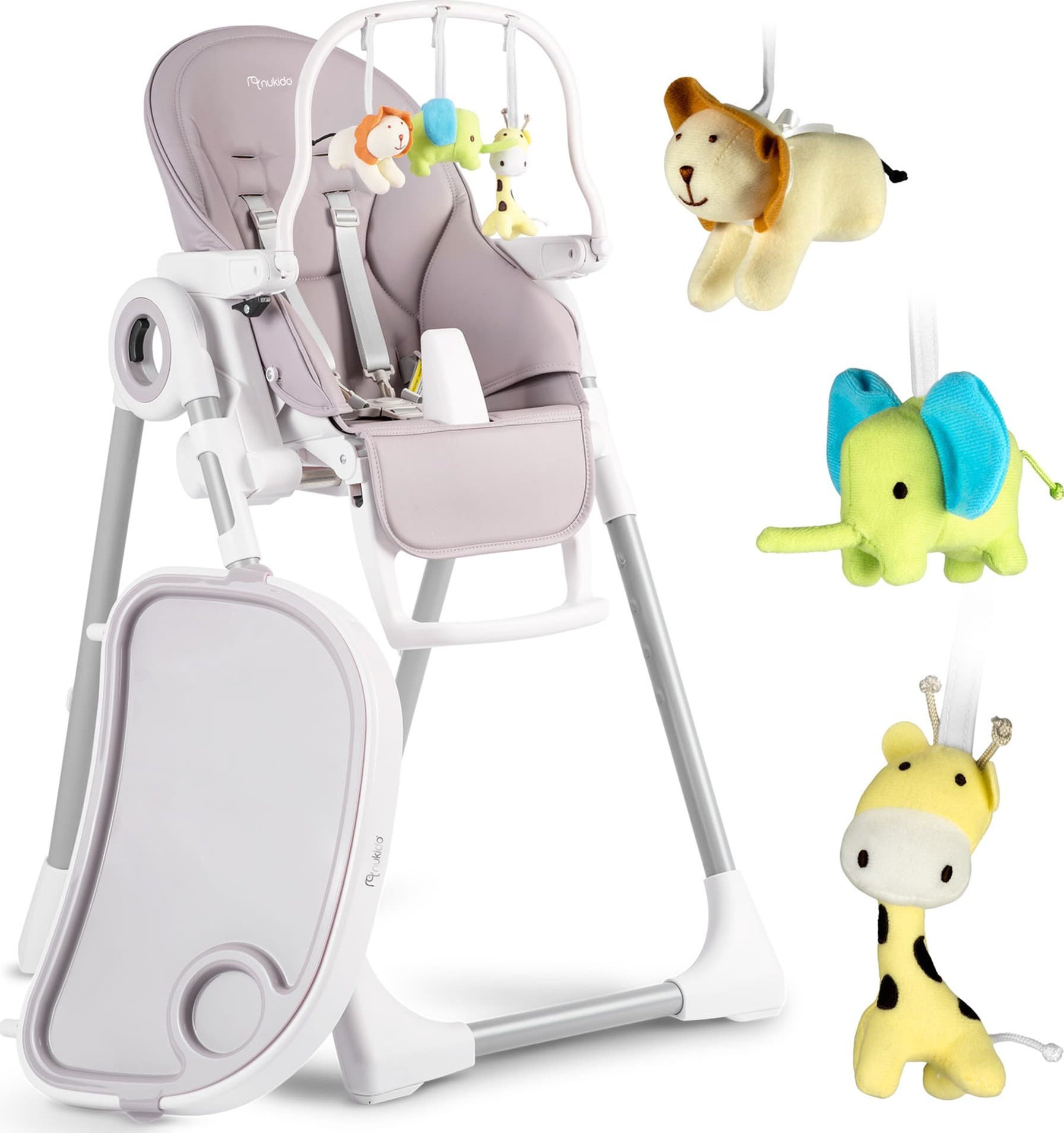 Krzesełko do karmienia ze stolikiem Nukido Belo wrzosowe + pałąk z zabawkami