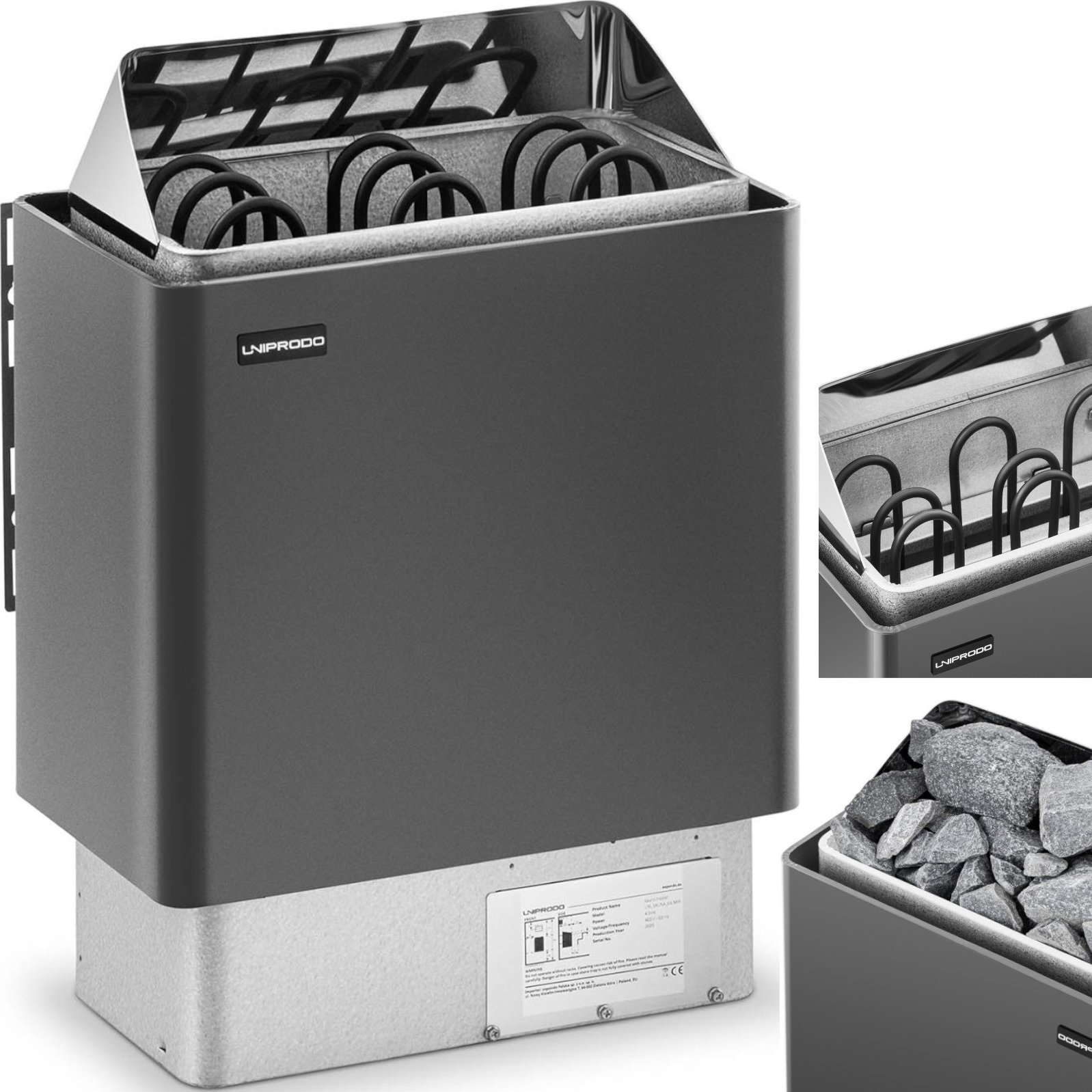 Uniprodo Piec do sauny elektryczny 3-6 m3 do 110C 400 V 4.5 kW czarno-srebrny Piec do sauny elektryczny 3-6 m3 do 110C 400 V 4.5 kW czarno-srebrny