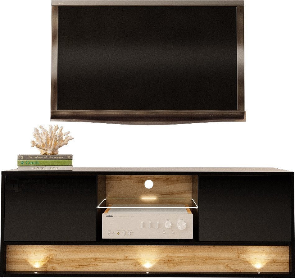 MEGSTYL SZAFKA RTV 140CM Z WSTAWKĄ DĄB WOTAN - VISION 3 Czarny - Wotan mat - Czarny połysk