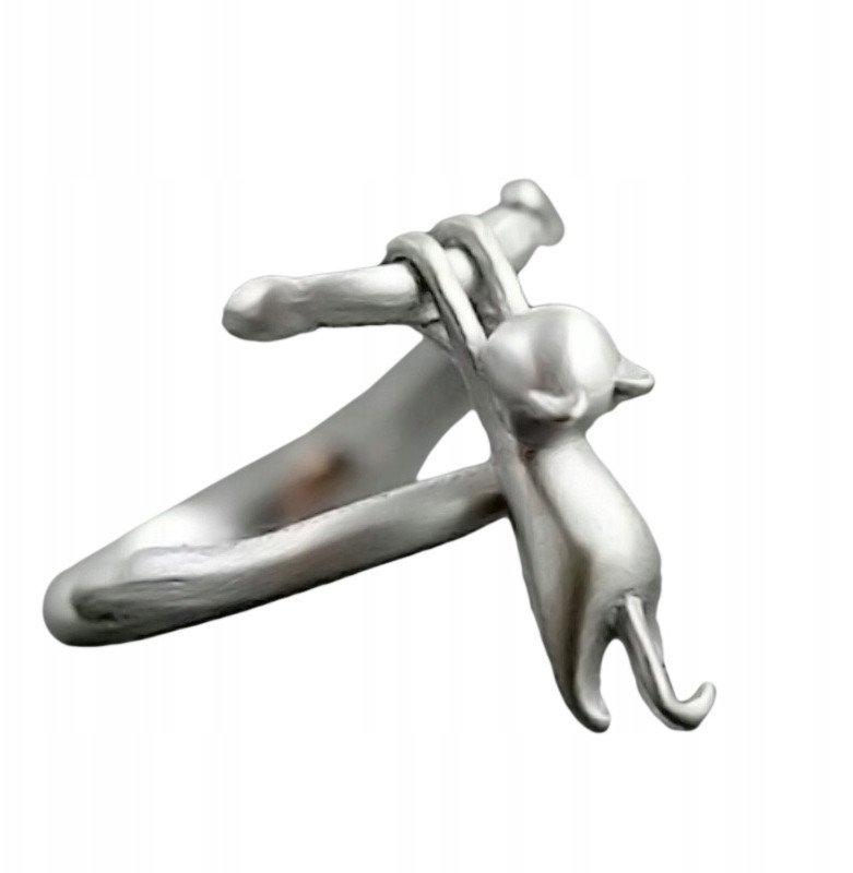 Srebrny DAMSKI PIERŚCIONEK REGULOWANY Uniwersalny PREZENT Spadający KOT