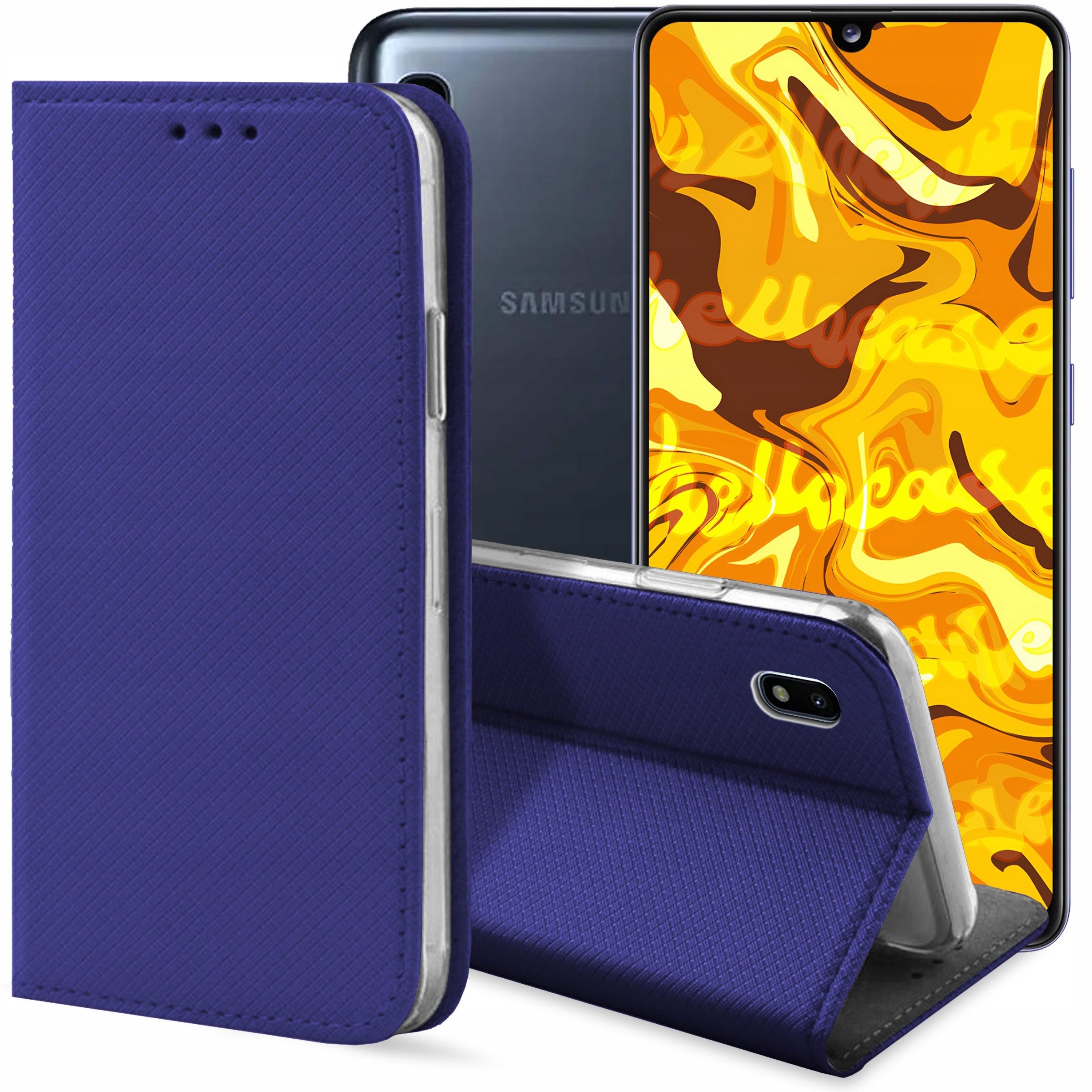 ETUI Z KLAPKĄ DO SAMSUNG GALAXY A10 GRANATOWE ZAMYKANE MAGNETYCZNE KABURA
