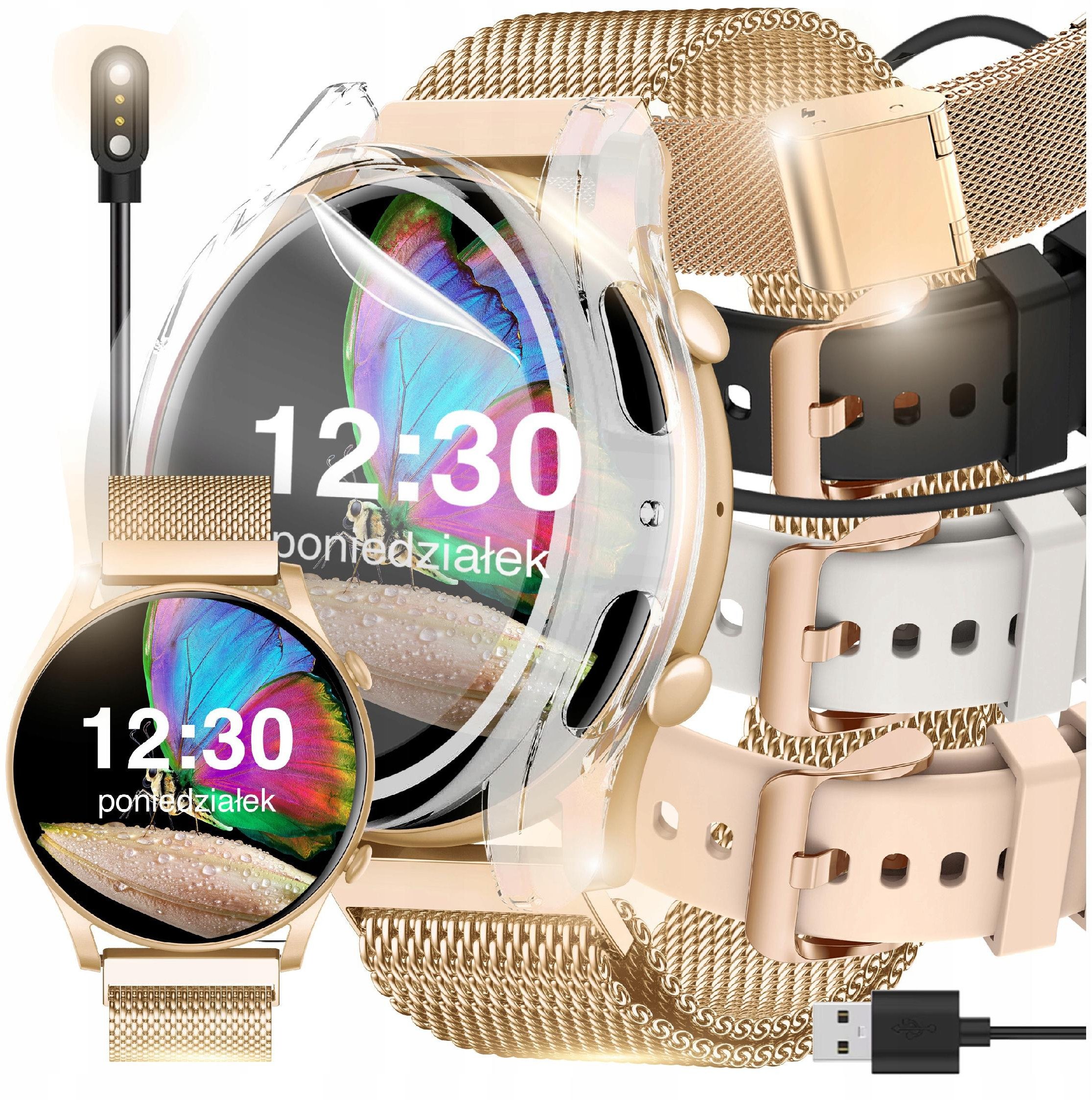 SMARTWATCH ZEGAREK DAMSKI POLSKIE MENU ROZMOWY SPORT SMART WATCH 4 PASKI