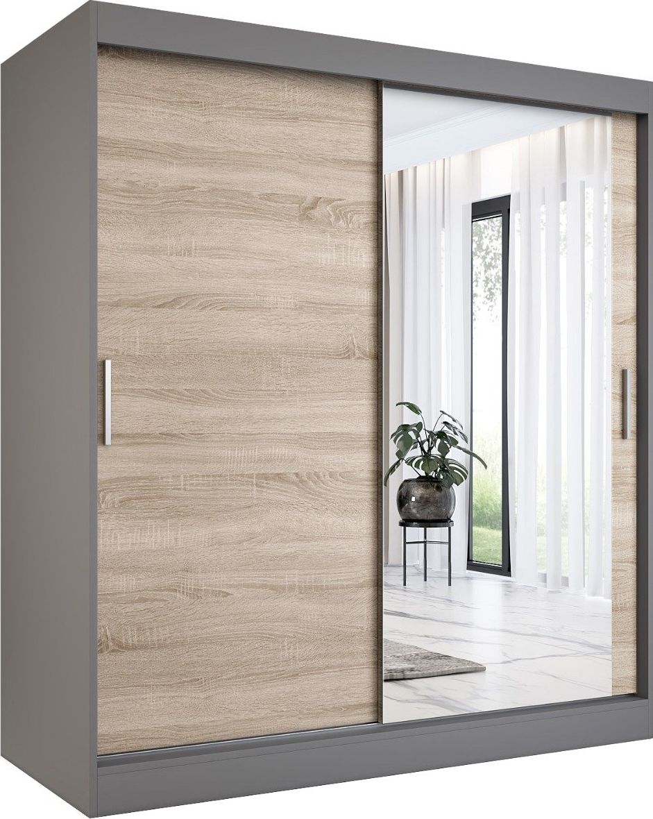 MKPOL Szafa przesuwna MODUO COMFORT 180 antracyt/dąb sonoma z lustrem po prawej