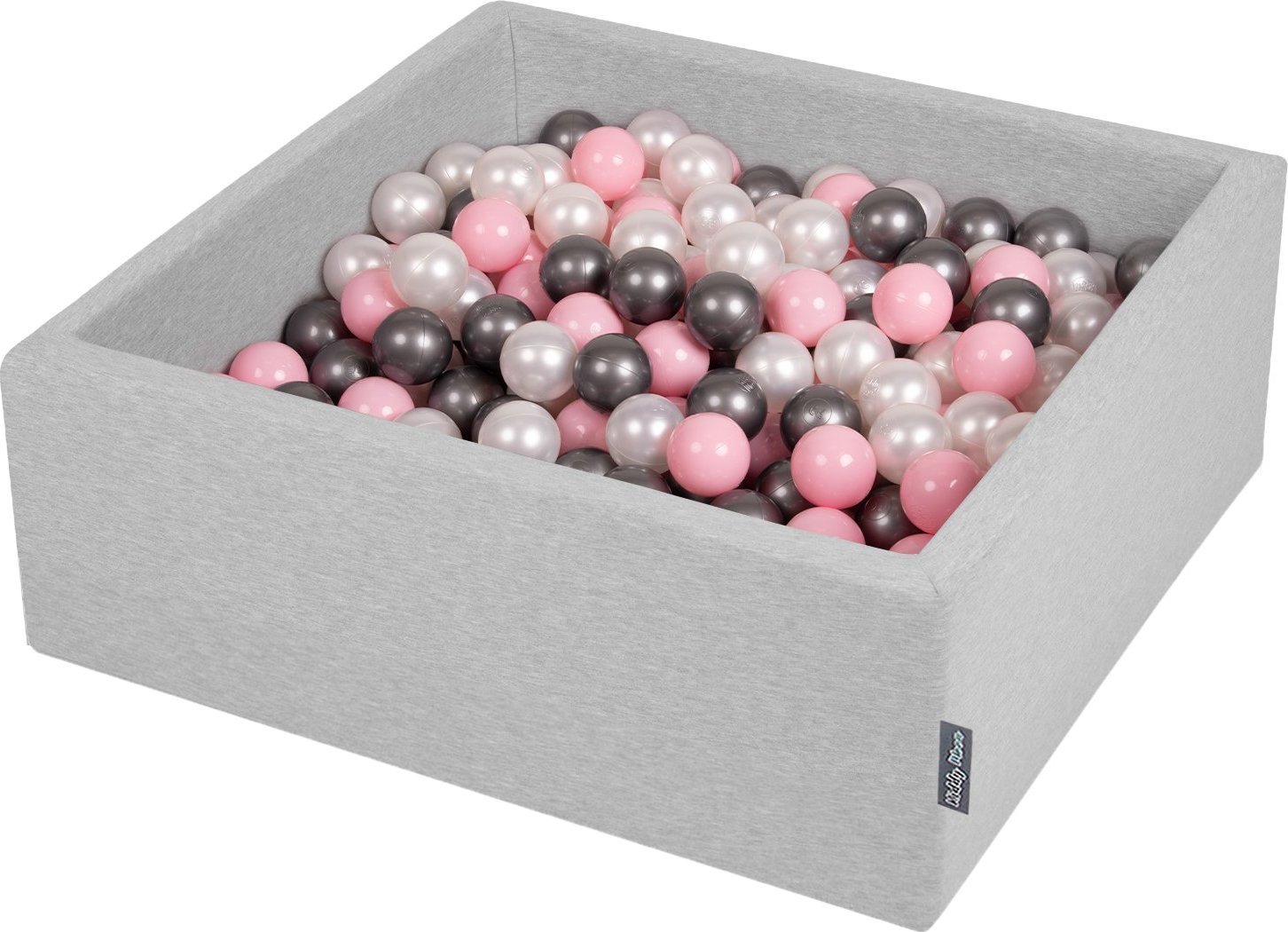 KiddyMoon KiddyMoon Suchy basen kwadratowy z piłeczkami 7cm jasnoszary: perła-pudrowy róż-srebrny 90x30cm/300piłek Zabawka basen piankowy