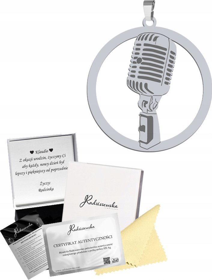 Radziszewska Jewellery Zawieszka Srebrna Mikrofon 925 Prezent dla Muzyka GRAWER DEDYKACJA GRATIS