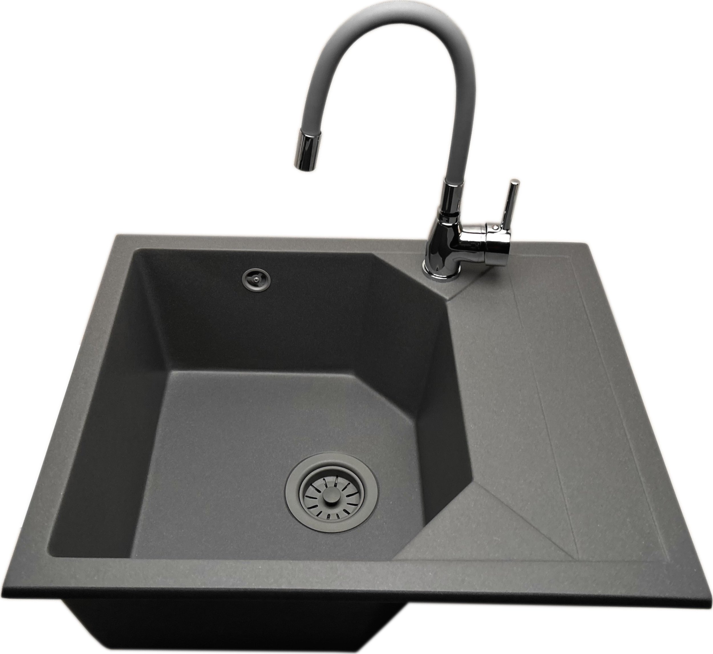 Zlewozmywak PREHNIT Zlewozmywak jednokomorowy z ociekaczem POLLO szary z prawym ociekaczem + bateria flex