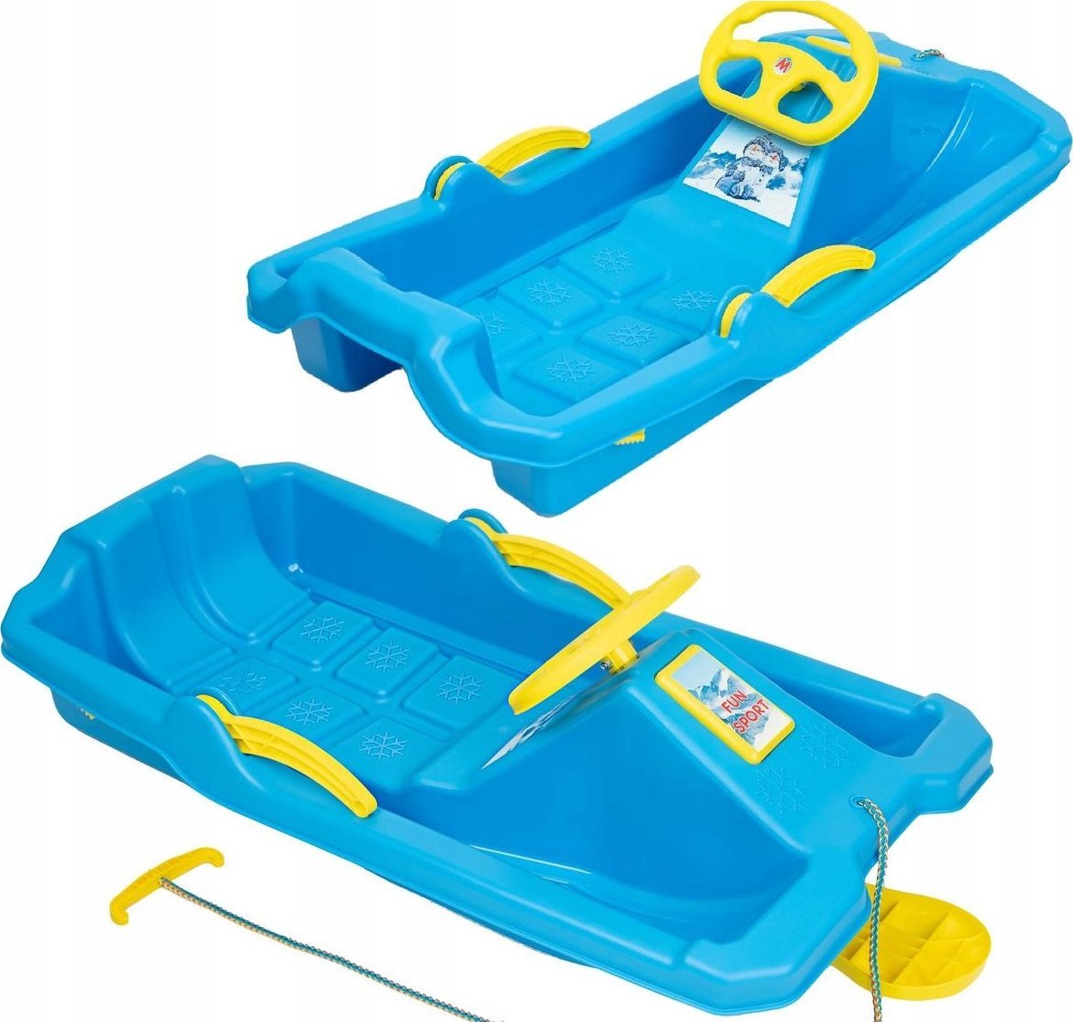 Enero SANKI PLASTIKOWE Z HAMULCEM I KIEROWNICĄ ADAŚ 84x43x25CM NIEBIESKIE