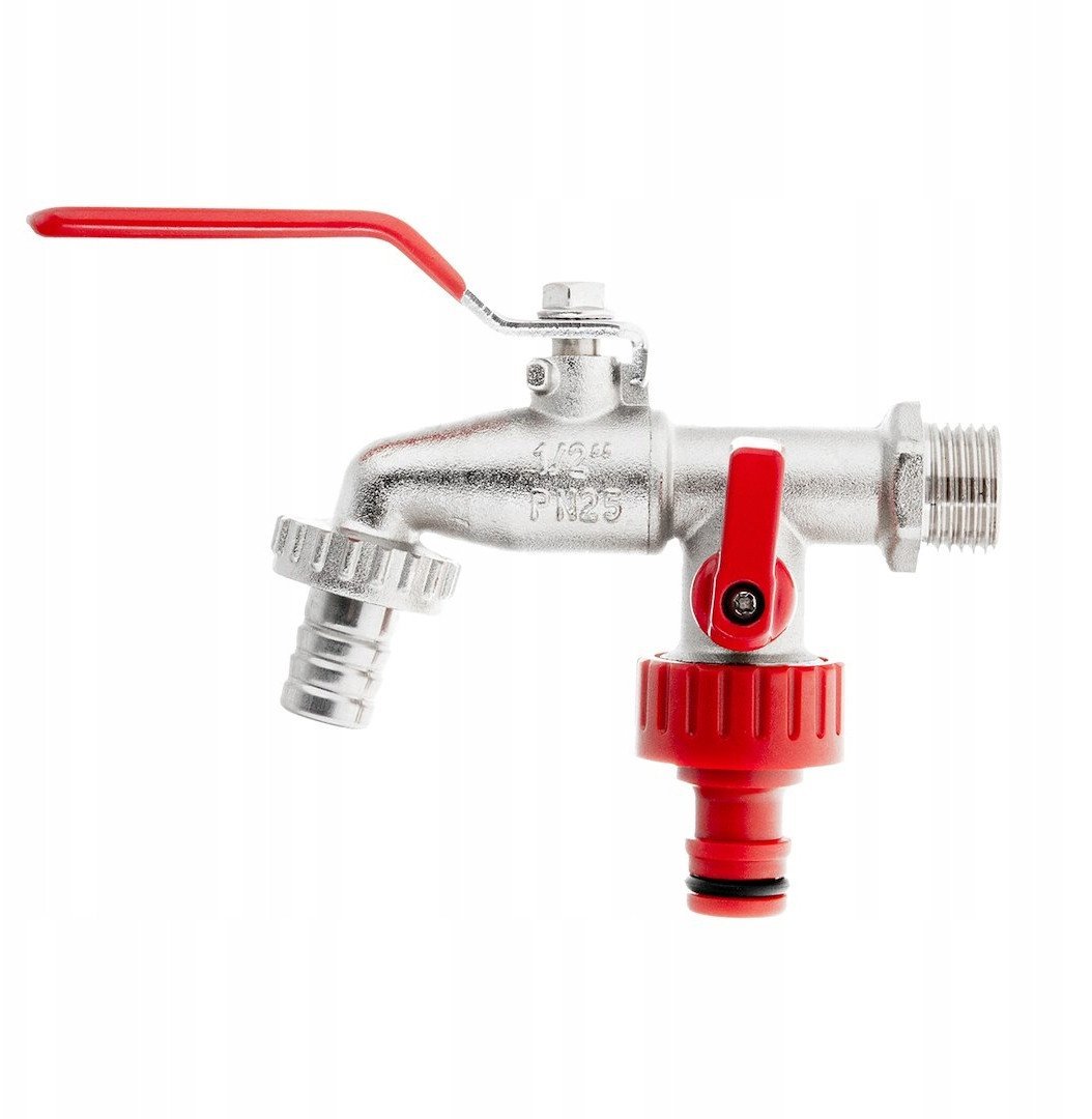 Zestaw – kran 1/2" podwójny z wyjściami na GZ 3/4" + wtyk na wąż 1/2" + nypel do szybkozłącza – mauser (40)