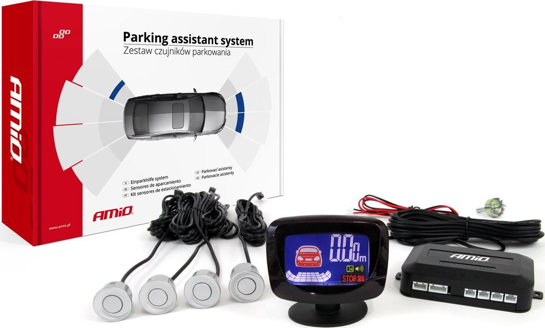 AMiO Zestaw czujników parkowania cofania led-graf 4 sensory srebrne