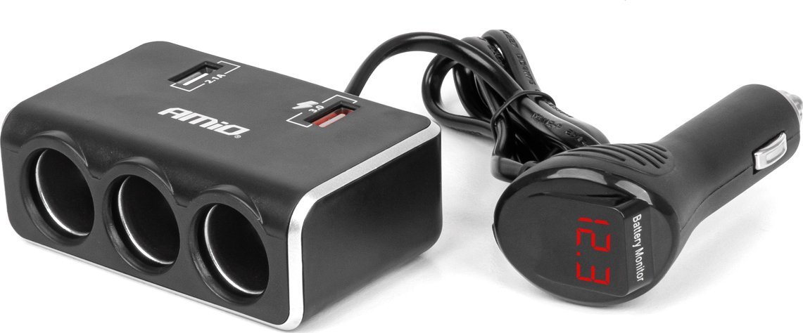 Rozdzielacz gniazda zapalniczki z ładowarką 2x usb-a qc3.0 12v 24v 120w 80cm amio-04364