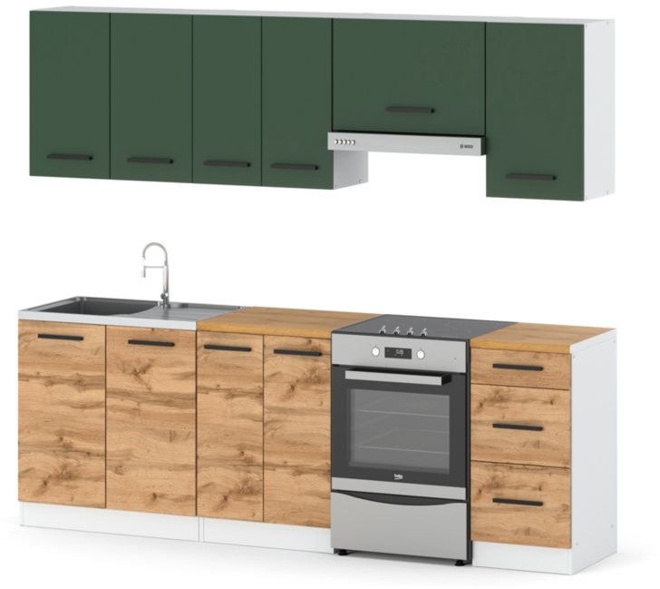 Kuchnia Modułowa Mała Z Blatem Mokka 2.4m Biały Butelkowa Zieleń Dąb Wotan