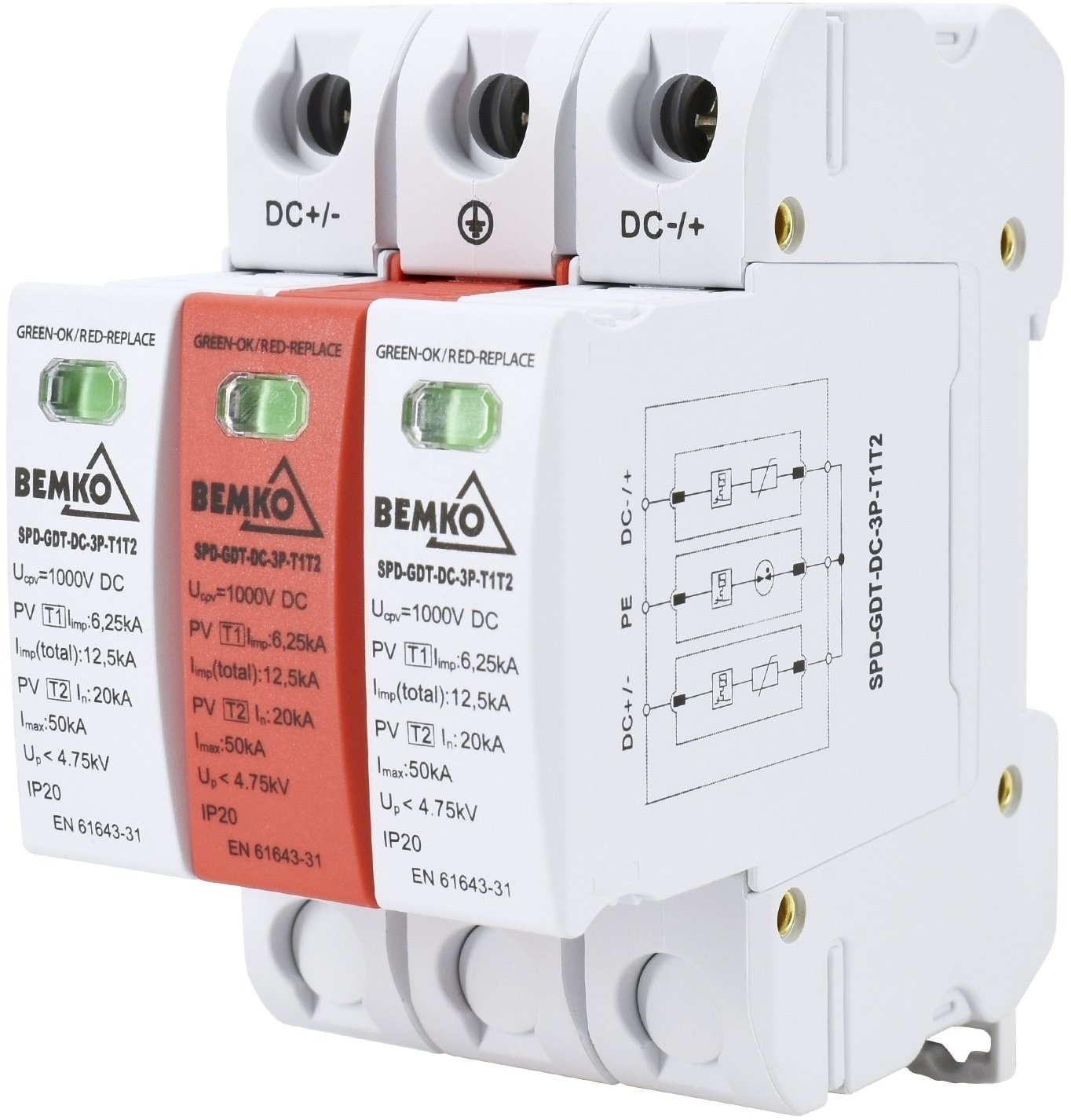 ogranicznik przepięć 3P 12.5kA DC 1000V KLASY T1+T2 z iskiernikiem gazowym A52-SPD-GDT-DC-3P-T1T2