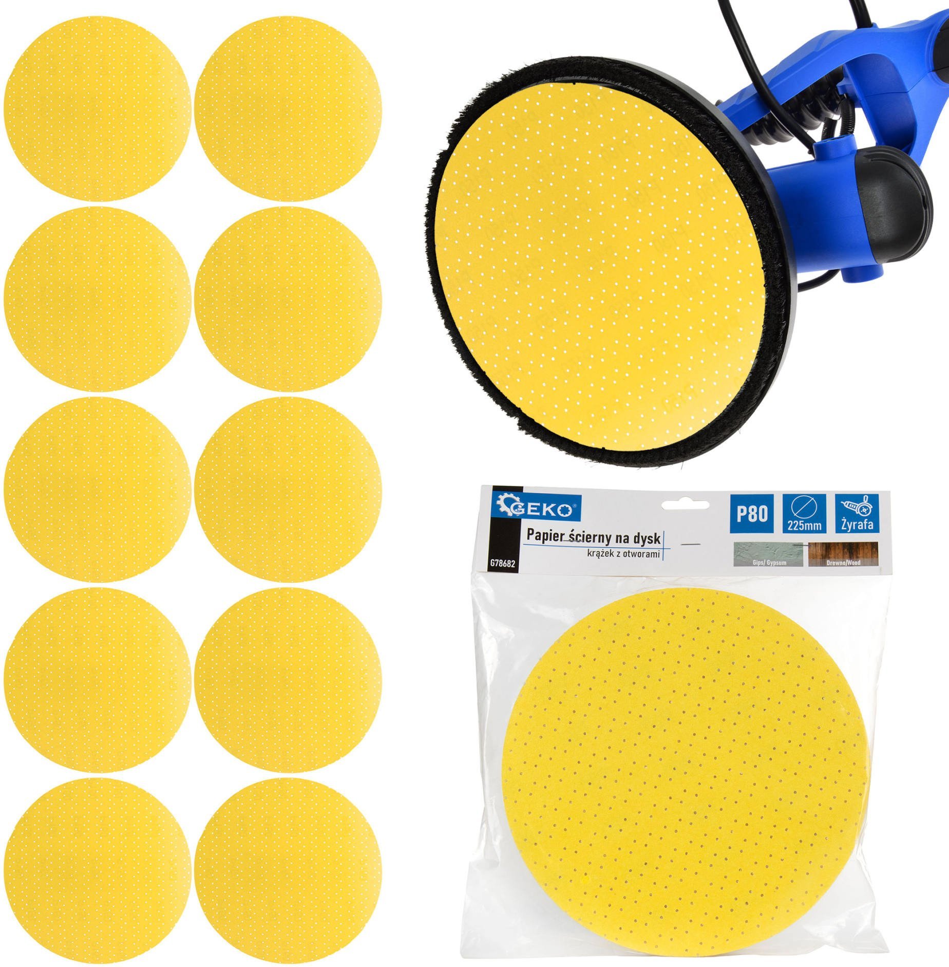 Geko Papier ścierny na dysk – krążek z otworami 225mm P80 /żyrafa/ (10/100/500)