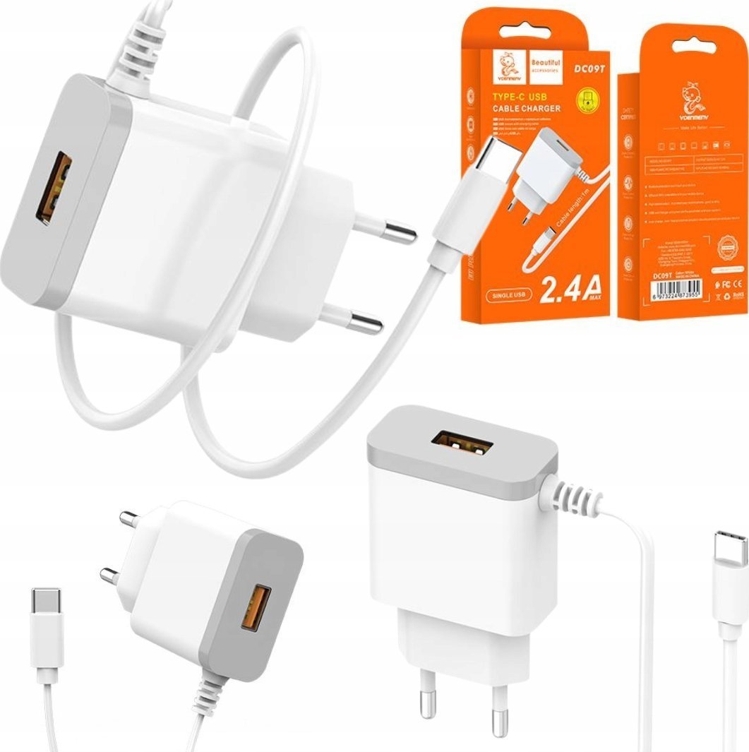Ładowarka . DENMEN BIAŁA ŁADOWARKA SIECIOWA USB + KABEL TYP-C DC09T-W
