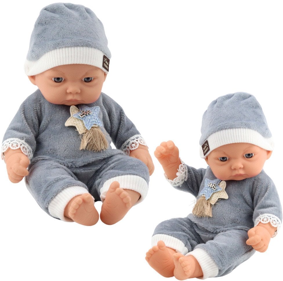 Lalka Bobas W Szarej Piżamce z Gwiazdkami Czapeczka