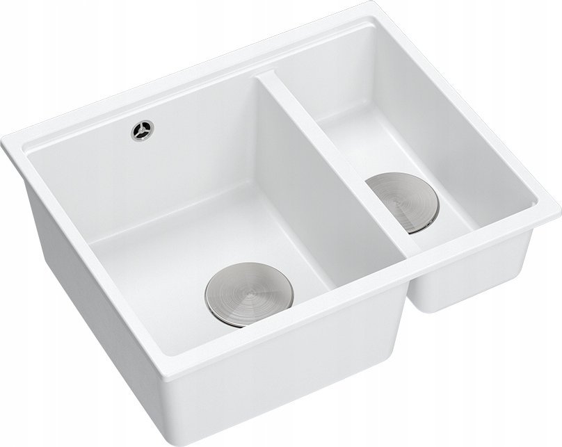 Zlewozmywak GraniteQ QUADRON | LOGAN 150 | granitowy zlewozmywak kuchenny BIAŁY + STAL | wymiary: 56 x 46 x 22 cm | 1,5-komorowy podwieszany| podbudow