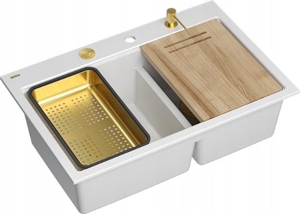 Zlewozmywak GraniteQ MARC 120 WORKSTATION GraniteQ zlewozmywak 2-komorowy 760*500*235 mm snow white + syfon push to open + dozownik + deska + wkładka